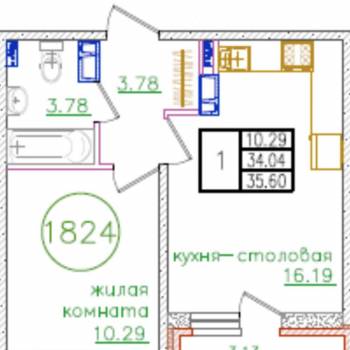 Продается 1-комнатная квартира, 35,6 м²