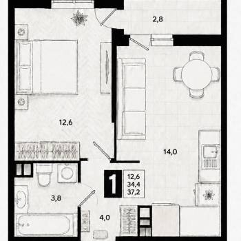 Продается 1-комнатная квартира, 37,2 м²
