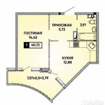 Продается 1-комнатная квартира, 40,7 м²