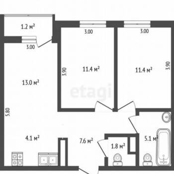 Продается 2-х комнатная квартира, 55 м²