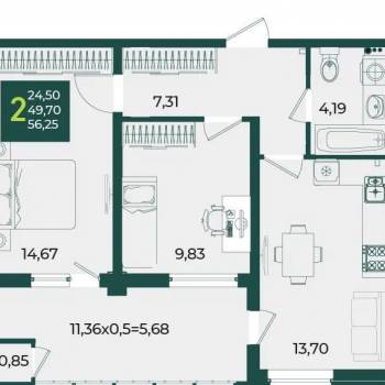 Продается 2-х комнатная квартира, 56,3 м²