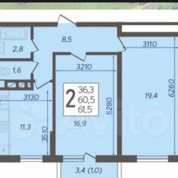Продается 2-х комнатная квартира, 61 м²