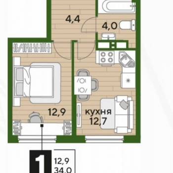 Продается 1-комнатная квартира, 34 м²