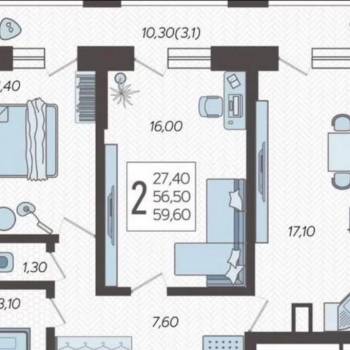 Продается 2-х комнатная квартира, 59,6 м²