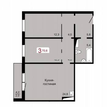 Продается 3-х комнатная квартира, 70,6 м²