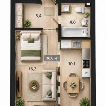 Продается 1-комнатная квартира, 36,6 м²