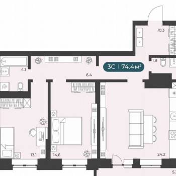 Продается 2-х комнатная квартира, 74,2 м²