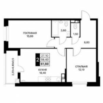 Продается 2-х комнатная квартира, 66 м²