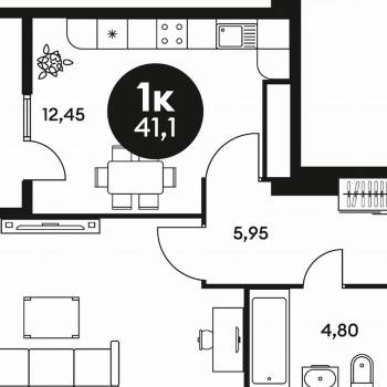 Продается 1-комнатная квартира, 41,1 м²