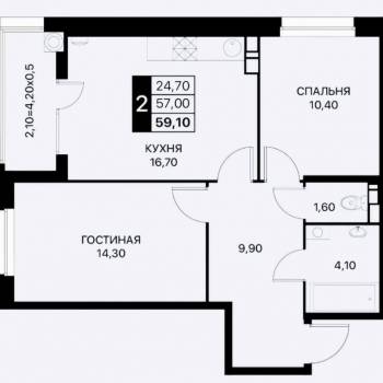 Продается 2-х комнатная квартира, 59,1 м²