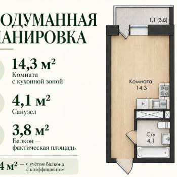 Продается 1-комнатная квартира, 23,4 м²