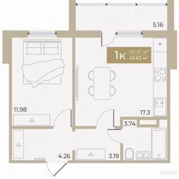Продается 1-комнатная квартира, 40,5 м²